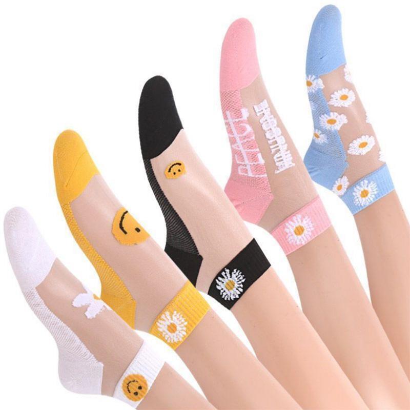 Daisy 5 Pairs of Socks Women's Socks Summer Shallow Mouth Low-top Thin Glass Stockings Summer Transparent Crystal Socks Ins Tide