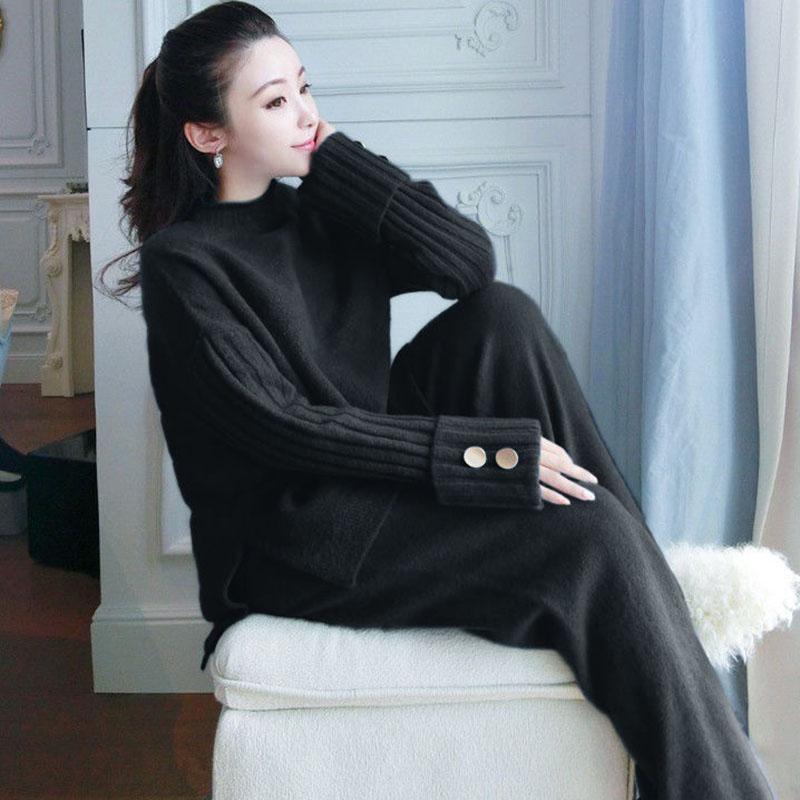 2pcs/set Women Knitted Two-piece Sweater Women's Solid Color Thick Turtleneck Sweater and Loose Knitted Wide-leg Pants Two-piece Set Outfits