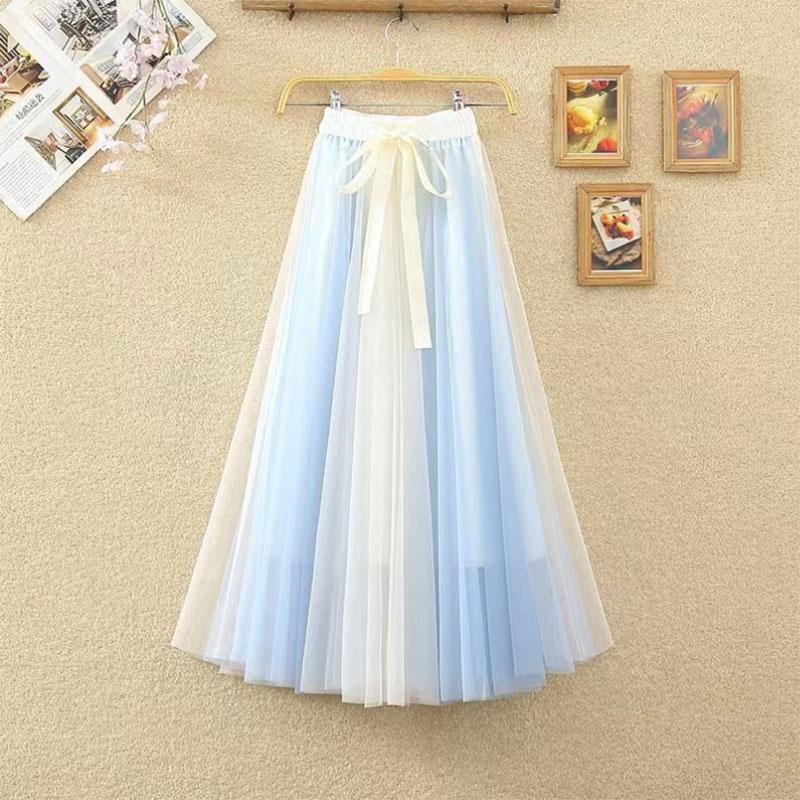 Spring and Summer Thin Two-color Stitching Fairy Tutu Skirt Mid-length Mesh Skirt A-line Small Fragrance Girl