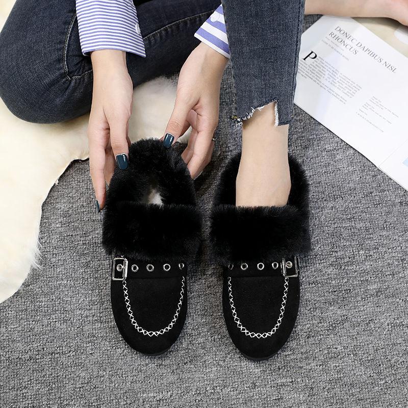 Plus Velvet Warm Snow Plush Shoes Women's Non-slip Flat Cotton Shoes All-match Peas Shoes Pedal Lazy Shoes Comfortable and Soft