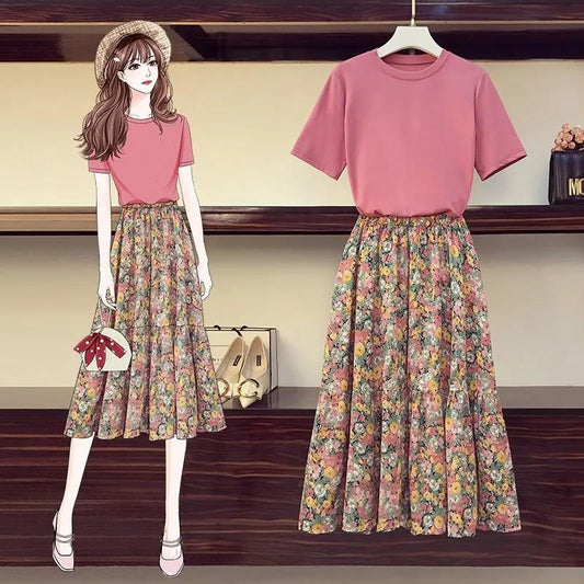 Women Summer 2 Pieces Skirt Set Pink Short Sleeve T-shirt & High Waist Floral Print Mid-length Pleated Skirt Women Casual Skirt Suit