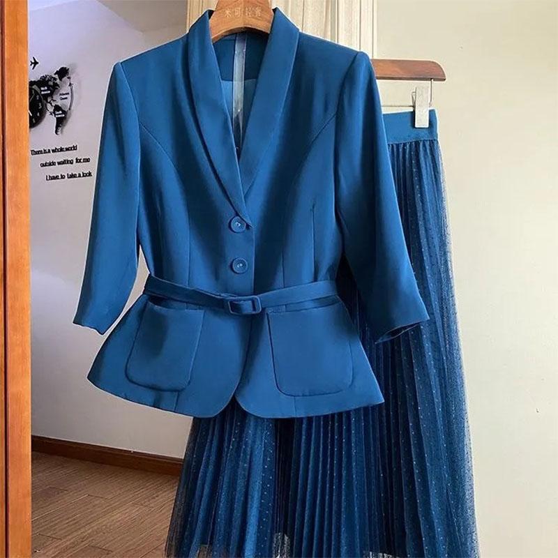 2PCS Ladies Summer Thin Coat Shirt + A-line Skirt Two-piece Suit Women's Casual Slimming Belly Cover Suit