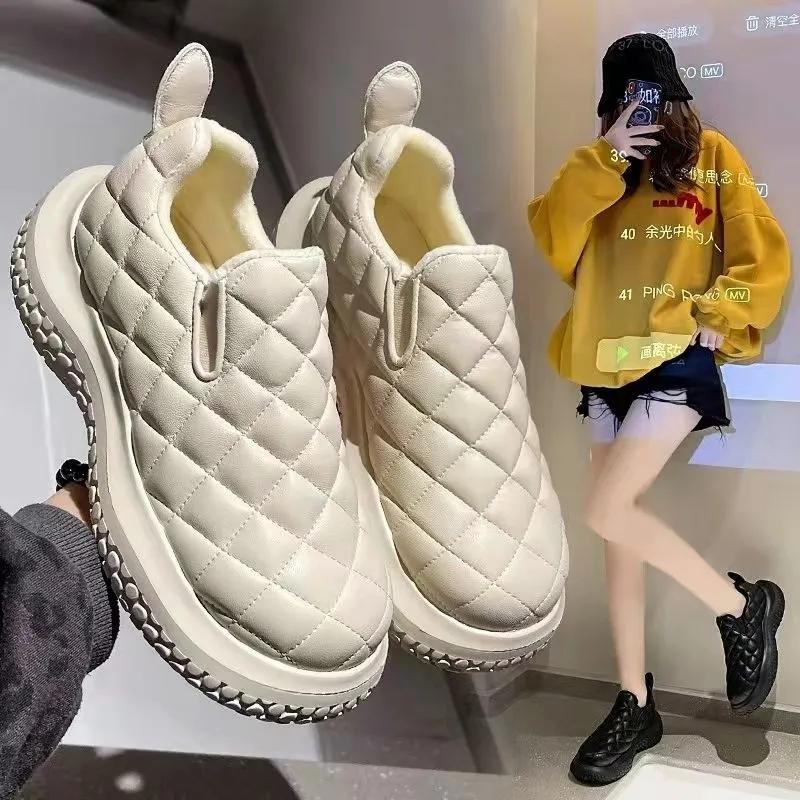 Plush Rhombus Bread Shoes Female Big-toed Shoes Loafers Niche Thick-soled Casual Pineapple Cotton Shoes Winter Shoes Snow Boots