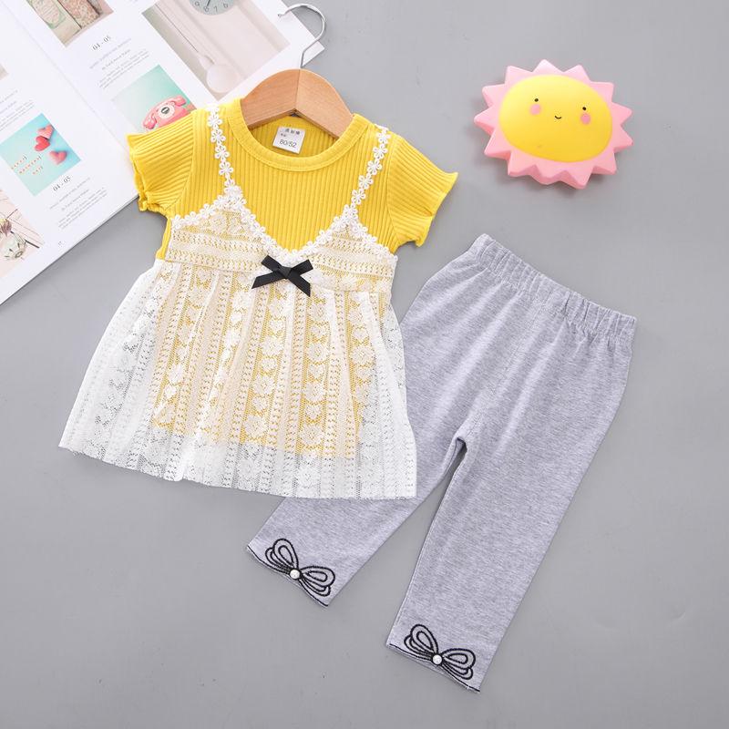 2PCS Children Clothing Set Spring Summer Girls Suits Yarn Short Sleeve Tops + Pants Clothing Set