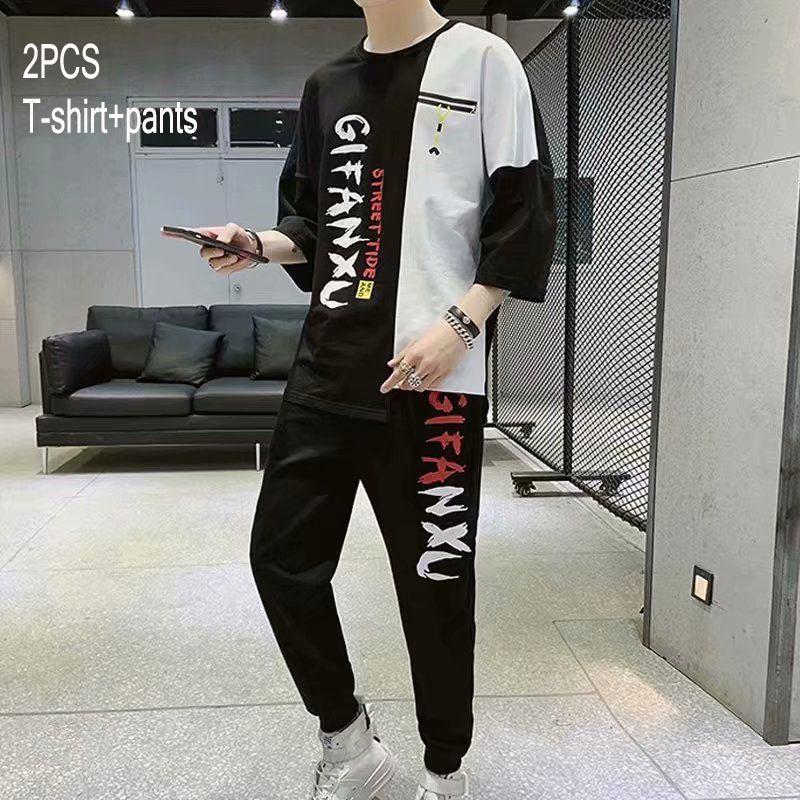 Men's Set Summer Printing Short-Sleeved T-Shirt Shorts Sportswear Tops Suit 2 Pieces Men's Set