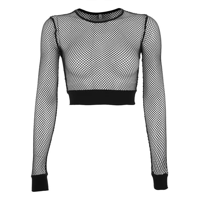 Sexy Women T Shirt See Through Transparent Mesh Tops Long Sleeve Sheer Slim Ladies Pullover