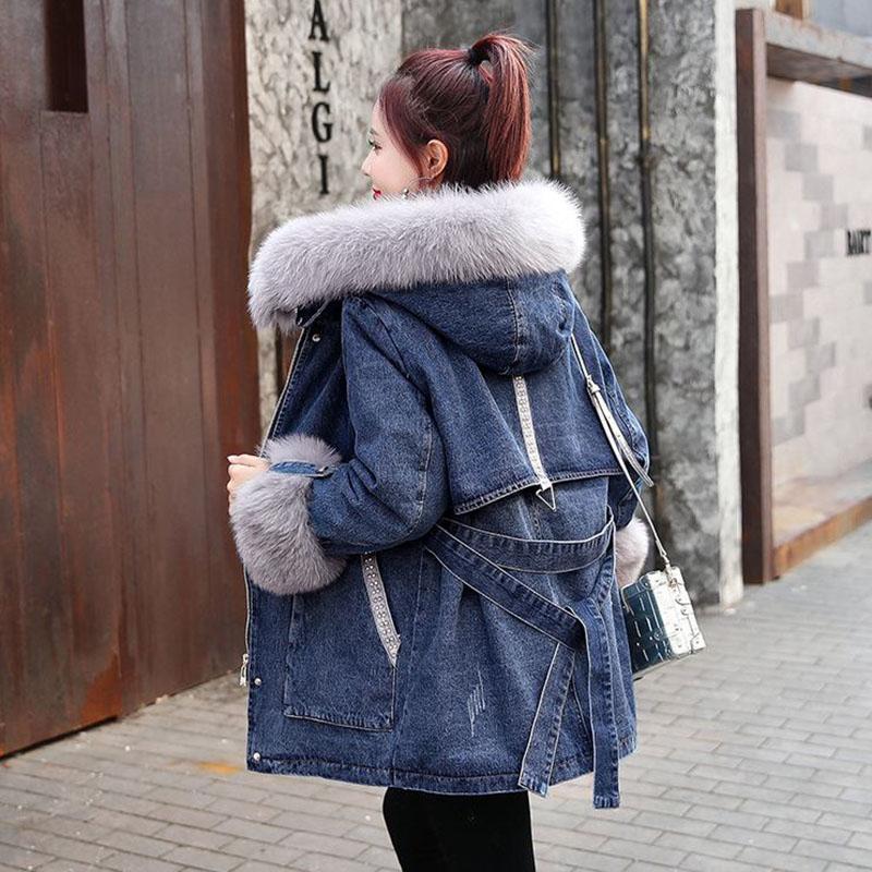 Ladies Winter Jacket Cashmere Thick Denim Hooded Coat with Big Fur Collar Parka