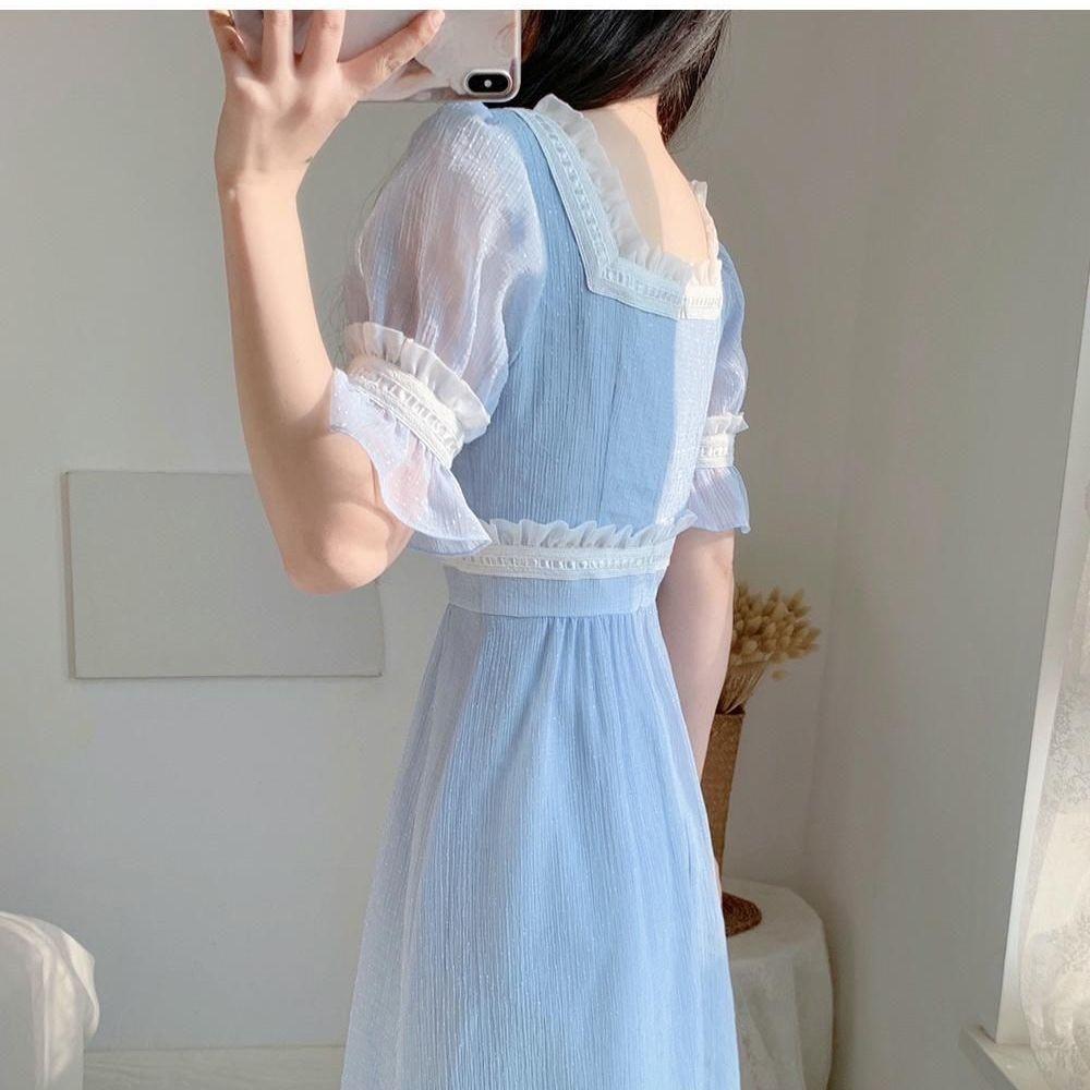 Women Summer Vintage High Waist Super Fairy Holiday Dress Short Sleeve Elegant Slim Lace Pleated Party Dress