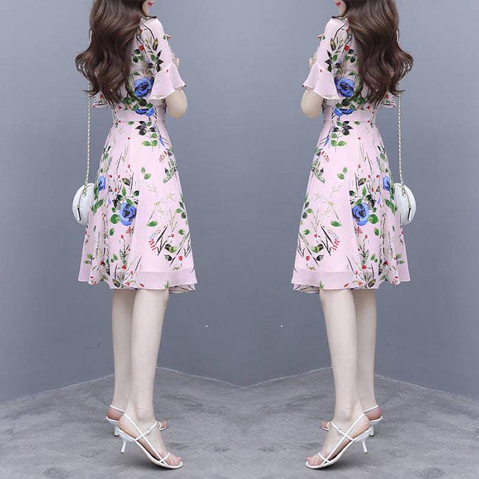 Pofulove S-2XL Women Summer High-end Floral Chiffon Dress Short-sleeved V-neck A-line Sun-dresses