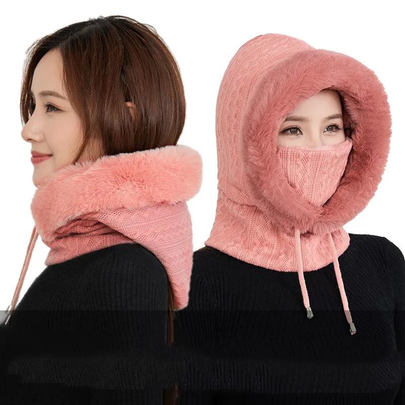 Women's Hat Plus Velvet Thick Warm Windproof Hood Ear Neck Protection Knitted Hat Woolen Cap Winter One-piece Cap Scarf Set