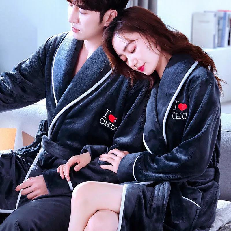 Large Size Couple Robe Coat Men Home Clothes Ladies Pajamas Heart-shaped Chest Badge Bathrobe Long