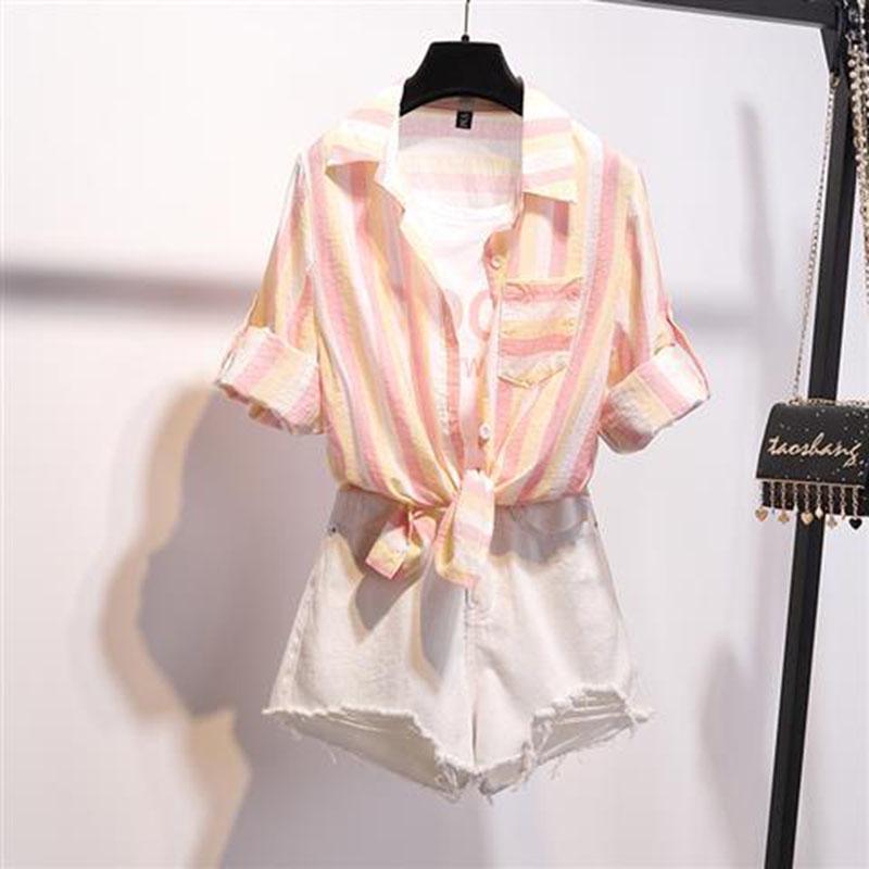 Fashion Women Fake Two-piece Striped Shirt and Hole Denim Shorts Two-piece High-waist Shorts Set Summer