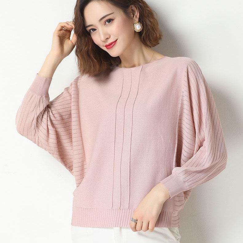 Women's Solid Color Round Neck Loose Versatile Casual Knitted Pullover Spring and Autumn Bat Sleeve Large Size Knitted Tops