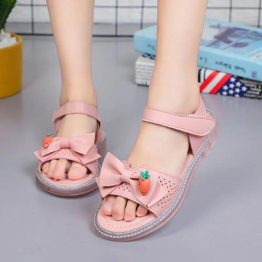 Girl's Sandals In Summer Elegant Girl's Princess Shoes Crystal Soft Bottom Cartoon Carrot Bowknot Big Children's Fish Mouth Cool Shoes