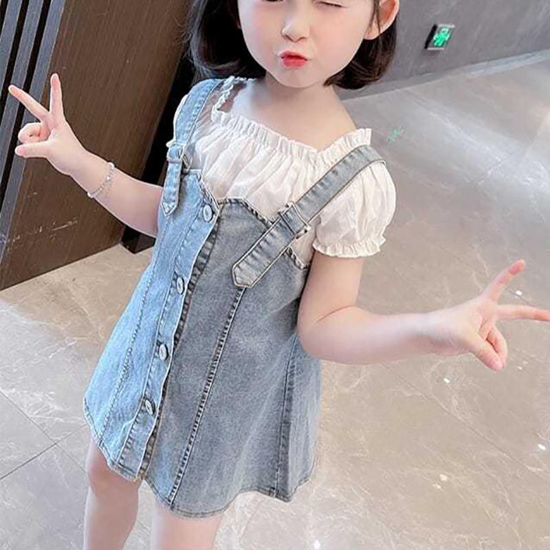 2PCS Children Clothing Set Spring Korean Style Summer Girls Suits Printing Short Sleeve Ruffle Tops + Braces Skirt Clothing Set