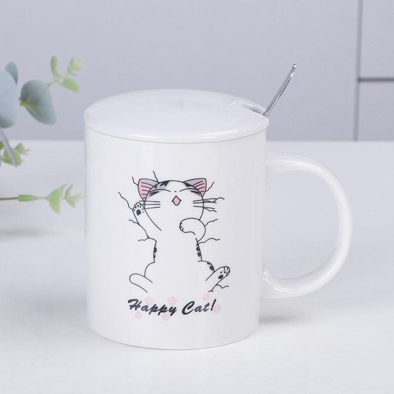 Cheese Cat Cup Male and Female Students Korean Cute Drinking Cup Ceramic Mug with Lid with Spoon Cartoon Private House Cat