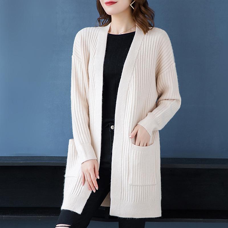 Autumn and Winter Cardigan Sweater Loose Casual Mid-length Top Clothes Solid Color Knitted Female Jacket