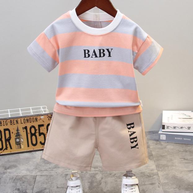 Summer Korean Short Sleeve Children's Suit Boys' and Girls' 0-4-year-old Round Neck Striped T-shirt Shorts Two-piece Children's Suit