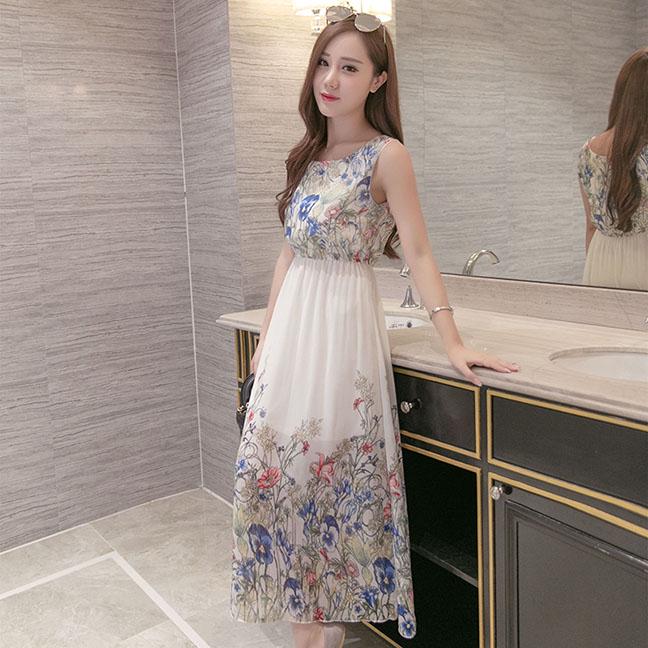 Fashion Bohemian Floral Print Dress Strap Long Beach Dress Sleeveless Summer Printed Midi Dress