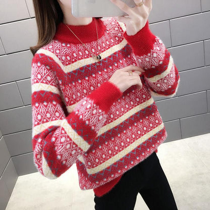 Color Thick Striped Sweater Autumn and Winter Loose Pullover Half High Neck Knitted Young Women's Top