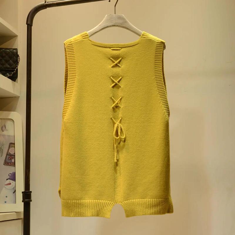 Color Button V-neck Knitted Vest Women Loose and Versatile Back Strap Sweater Vest Ladies Pure Color Vest Thin Sweater