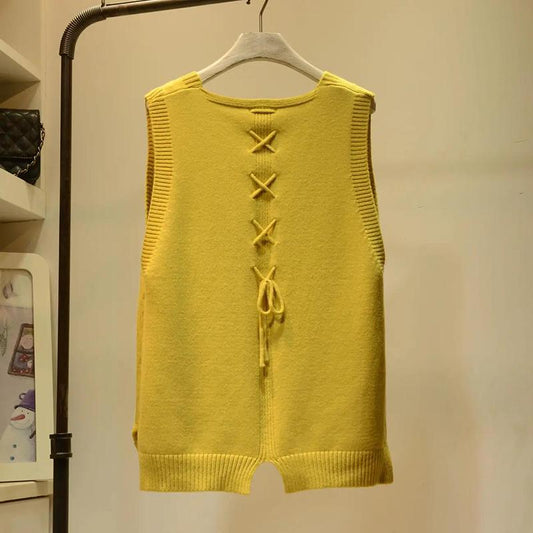 Color Button V-neck Knitted Vest Women Loose and Versatile Back Strap Sweater Vest Ladies Pure Color Vest Thin Sweater