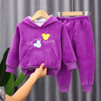 Children's Suit Autumn and Winter 2021 Girls Plus Velvet Sweater Two-piece Suit Boys and Girls Thick Winter Suit