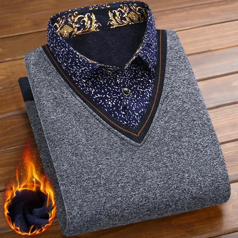 Men's Autumn and Winter Plus Velvet Thick Shirts Fake Two-piece Sweater Comfortable Warm Knitwear Bottoming Shirt Top Printing Business T-shirt