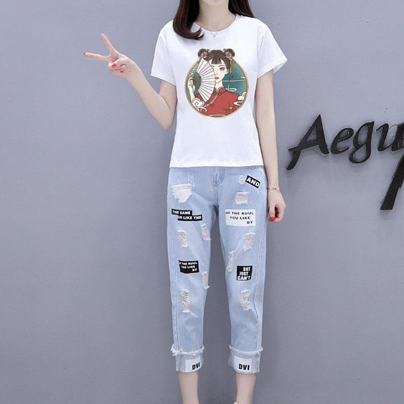 Suit Women Summer Print Round Neck Short-sleeved T-shirt Ripped Nine-point Jeans Loose Two-piece Cute Casual Suit