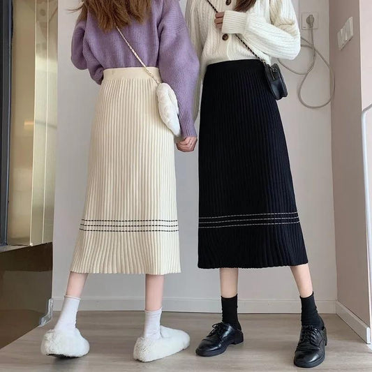 Knitted Skirt Autumn and Winter Women's High Waist Mid-length All-match A-line Skirt Covering Crotch