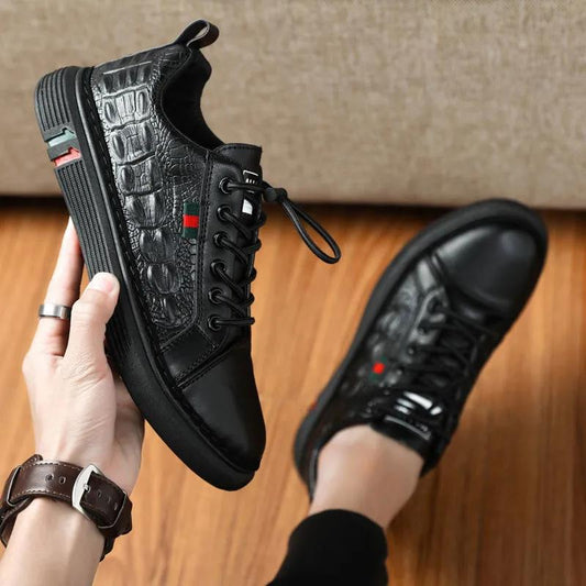 Summer Black Men's Leather Shoes Crocodile Pattern Leather Casual Men's Sneakers Men's Waterproof Work Shoes