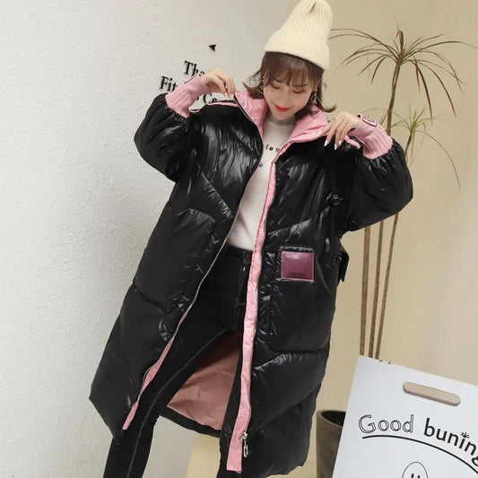 Down Cotton Jacket Winter Thicken Warm Loose Fashion Color Glossy Disposable Stand Collar Mid-length Cotton Jacket Women