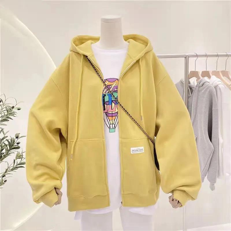 Sweater Women's Spring and Autumn 2021 Leisure All-match Pocket Solid Color Zipper Cardigan Hooded Long-sleeved Jacket