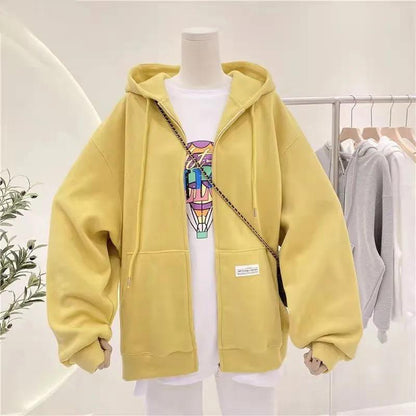 Sweater Women's Spring and Autumn 2021 Leisure All-match Pocket Solid Color Zipper Cardigan Hooded Long-sleeved Jacket