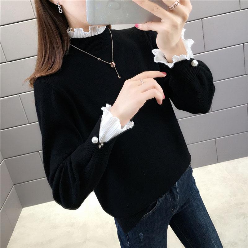 Ruffles Lace Stitching Collar Fake Two-piece Warm Sweater Female Thick  Pullover Sweater Short Stretch Slim Knitwear Bottoming or Outwear