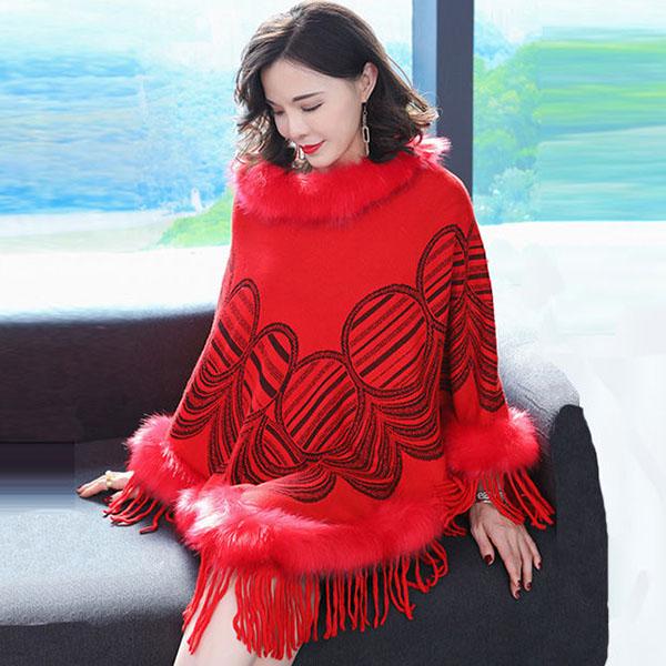 Autumn Winter Imitation Fox Fur Cloak Shawl Batwing coat Women's Faux Fur Coat Plus Size Tassel  Sweater Coat Mid-length