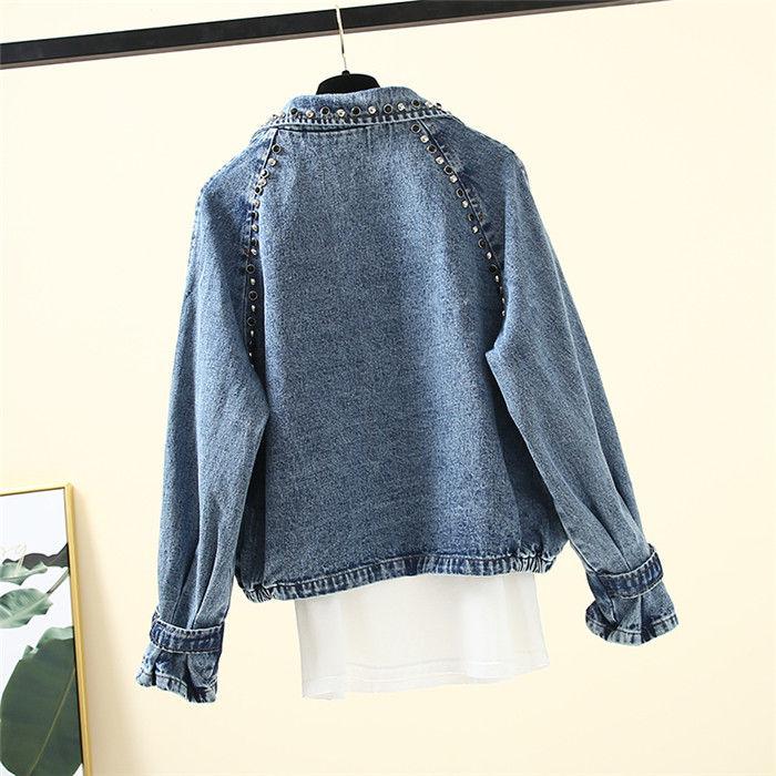 Spring and Autumn Korean Version Loose Large Size Student Beading Retro Motorcycle Denim Jacket Female Jacket