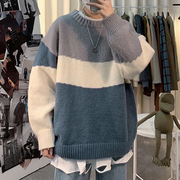 Autumn and Winter Round Neck Men's Sweater Student Loose Color Matching Jacket Long-sleeved Striped Bottoming Shirt