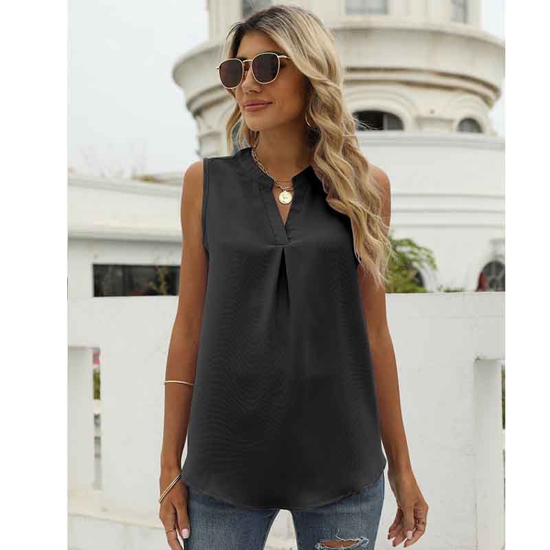 European and American Shirt Women's Spring and Summer Solid Color Chiffon Shirt Loose V-neck Pullover Sleeveless Top Vest