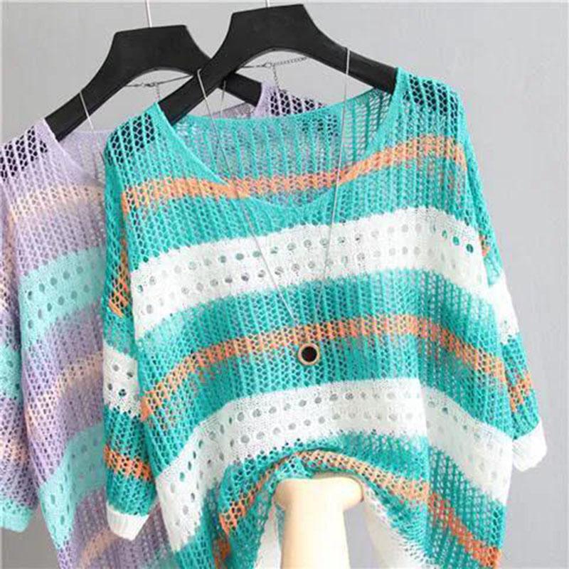 Multicolored Cutout Striped Knit Sweater Women's Loose Retro Style Pullover Thin Blouse Sunscreen Lightweight and Breathable Fabric