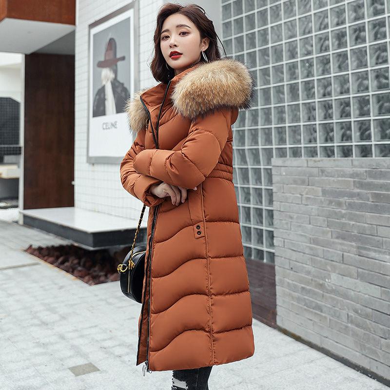 Women's Fashion Down Cotton Padded Jacket Long Style Over The Knee Thickened Warm Women's Parka Coat Hooded Fur Collar Coat