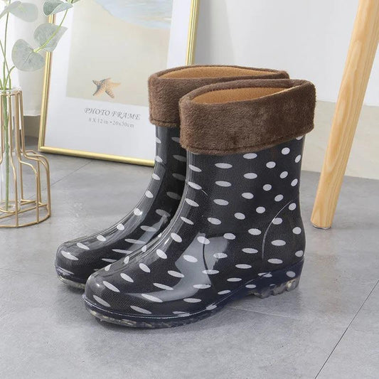 Female Adult Mid-tube Rain Boots Autumn and Winter Rain Boots  Rubber Shoes Non-slip Plus Velvet Cotton Warm Waterproof Shoes