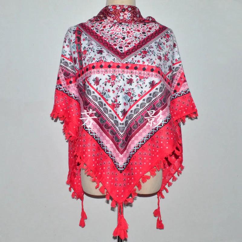 Ladies Retro Bohemian Scarf Shawl Russian Ethnic Printed Cotton and Linen Square Scarf Floral Headscarf Female Fringed Square Scarf 110x110 Cm