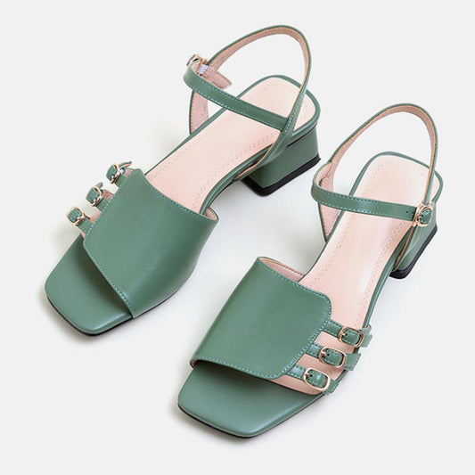 Women's Soft Leather Sandals Summer All-match Medium-heel Open-toe Sandal One Word Buckle Thick Heel Outer Wear Shoes Vintage Temperament Sandals