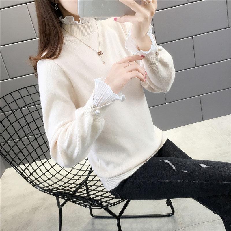 Ruffles Lace Stitching Collar Fake Two-piece Warm Sweater Female Thick  Pullover Sweater Short Stretch Slim Knitwear Bottoming or Outwear