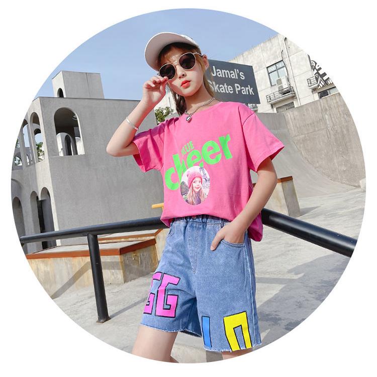 2PCS Children Clothing Set Spring Summer Girls Suits Printing Korean Hollow Out Short Sleeve Tops + Hole Pants Clothing Set