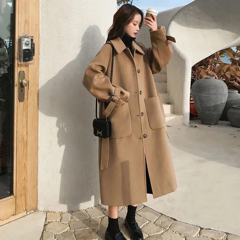 Haze Blue Woolen Coat Women's Mid-length Autumn and Winter Student Loose Hepburn Style Woolen Coat