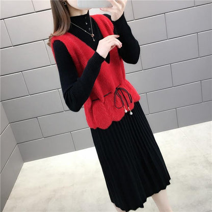 Long Sleeve Sweater Dress Spring and Autumn Waist Knitted Vest Two-piece Dress Women Mid-length Temperament Women