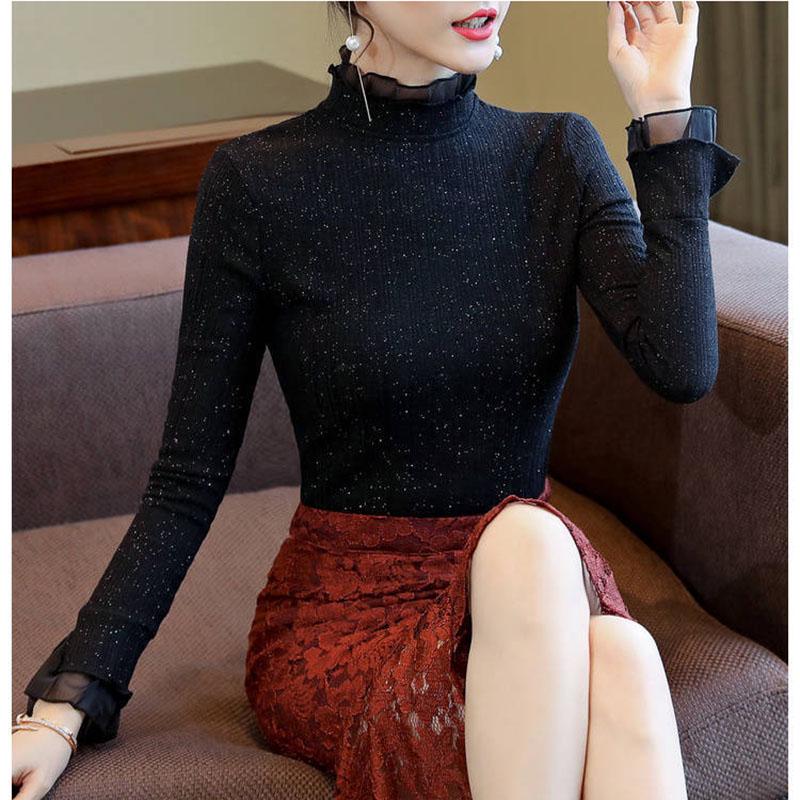 Autumn Winter Plus Velvet Turtleneck Pullover Long Sleeve Women Lace Collar Bottoming Shirt Tight Sexy Sweater Pullover