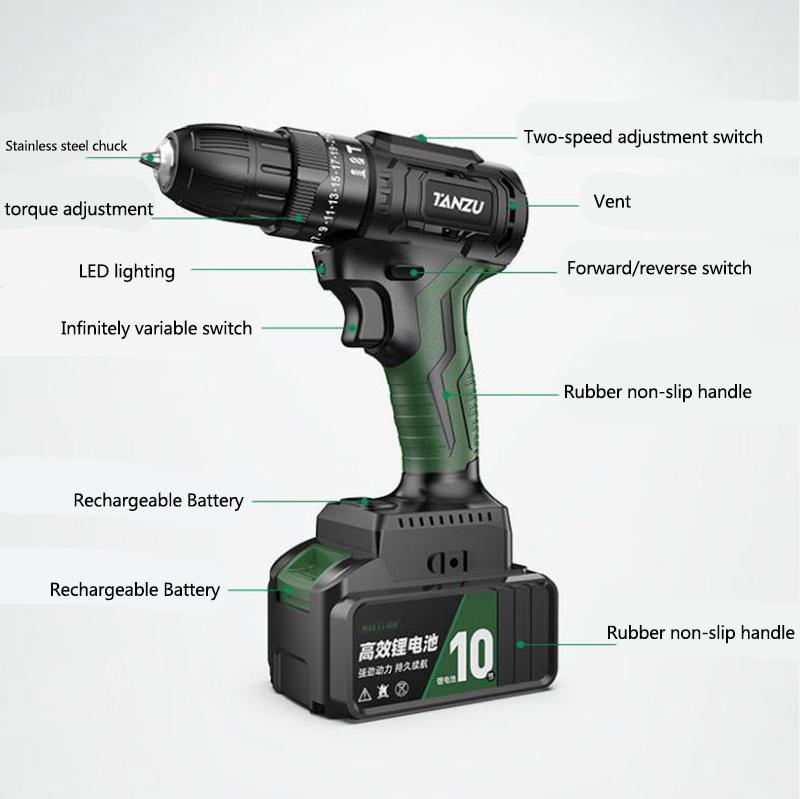 21V Impact Drill Electric Screwdriver Cordless Electric Drill with Rechargeable Motor for Drilling and Screwing